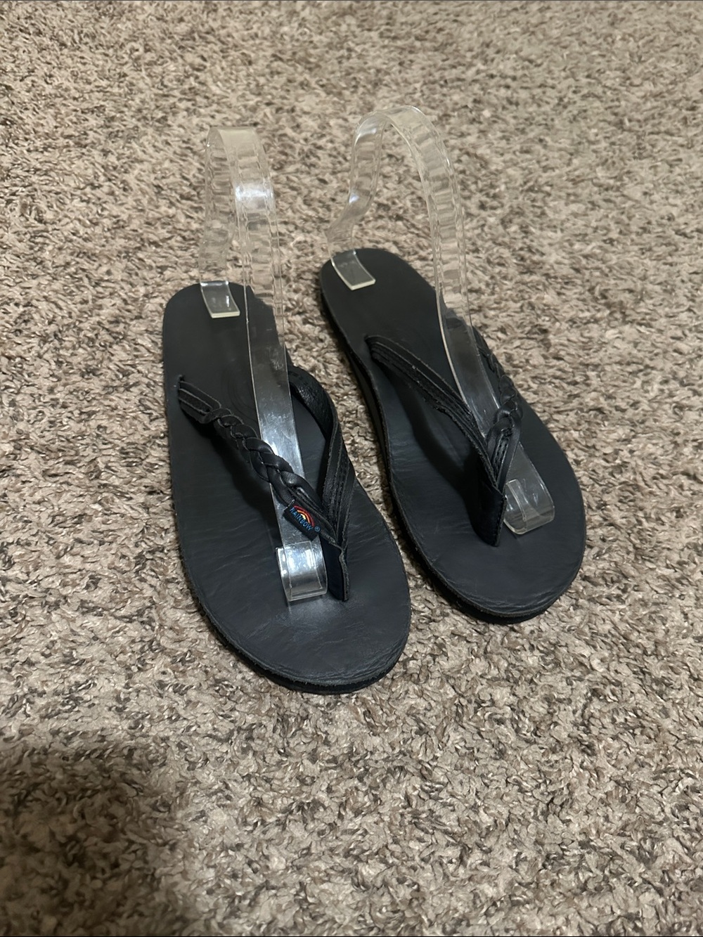 Rainbow Black Leather Braided Flip Flop Sandals